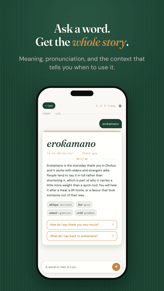 Weche answering "erokamano" in Luo with pronunciation, meaning, cultural context, and related words