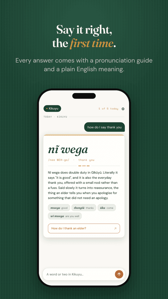 Weche showing how to pronounce "nĩ wega" in Kikuyu
