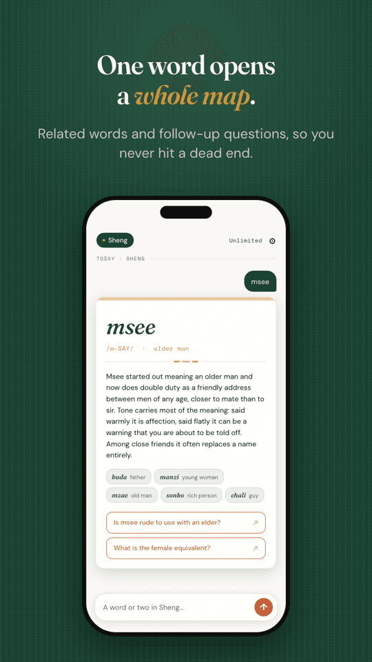 Weche explaining "msee" in Sheng with related words to explore